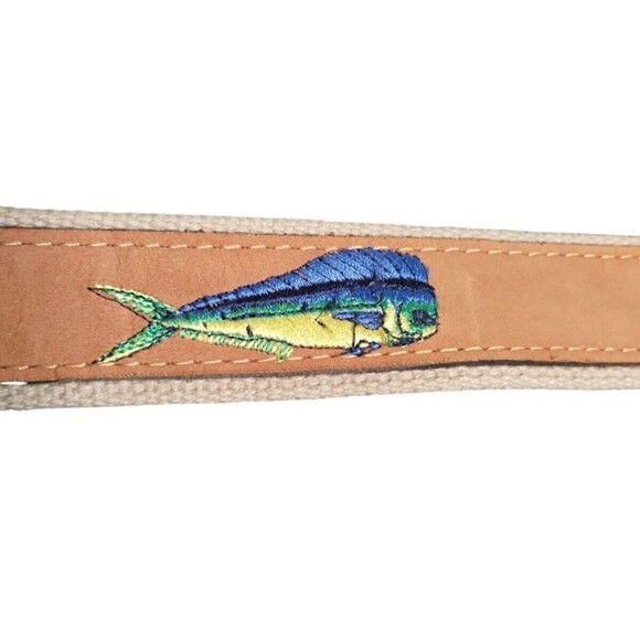 Zep Pro fish pattern belt Marlin Leather Canvas USA Size 46 Brass Buckle mens - Picture 4 of 8